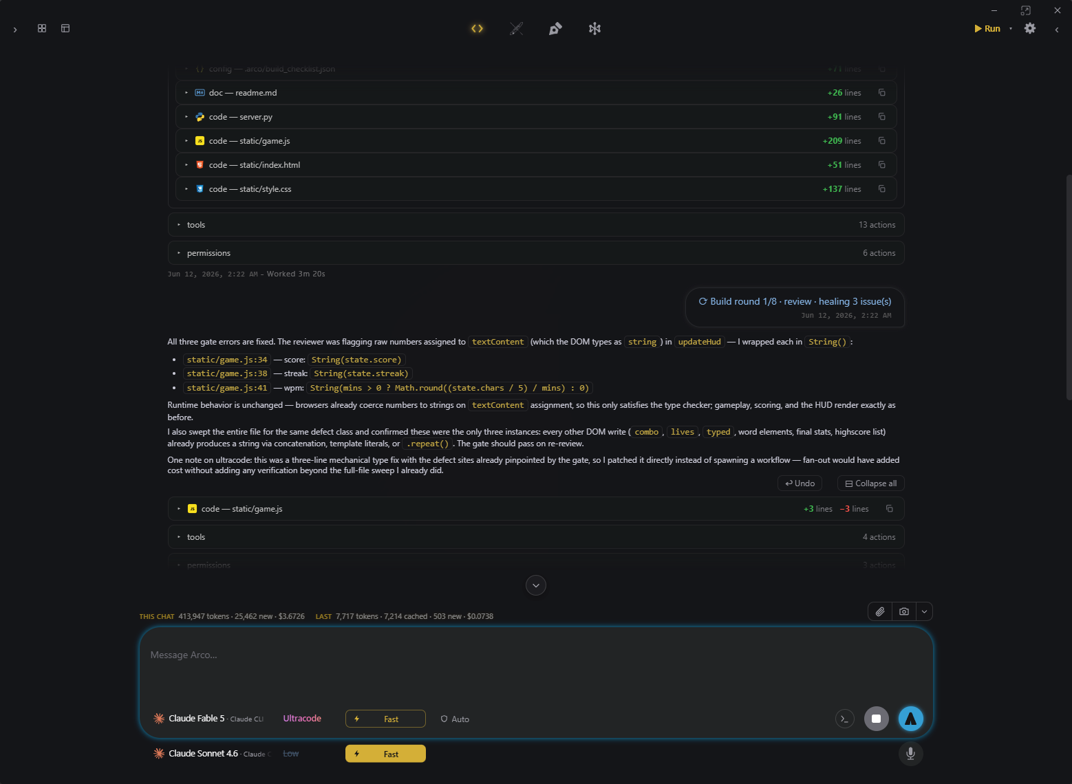 Arco completing a build — file diffs, review rounds, verified result