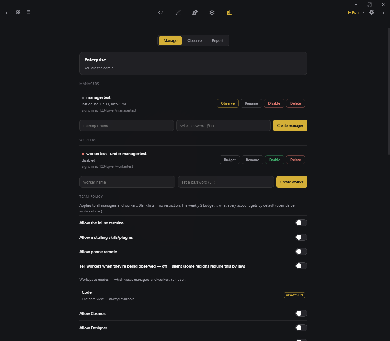 Arco enterprise — the Manage console