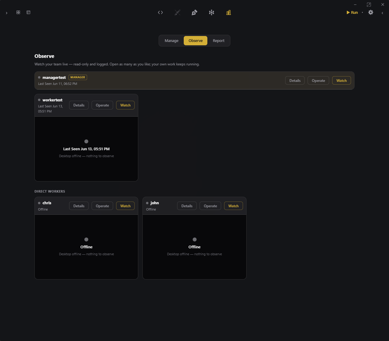 Arco Observe — live grid of team sessions